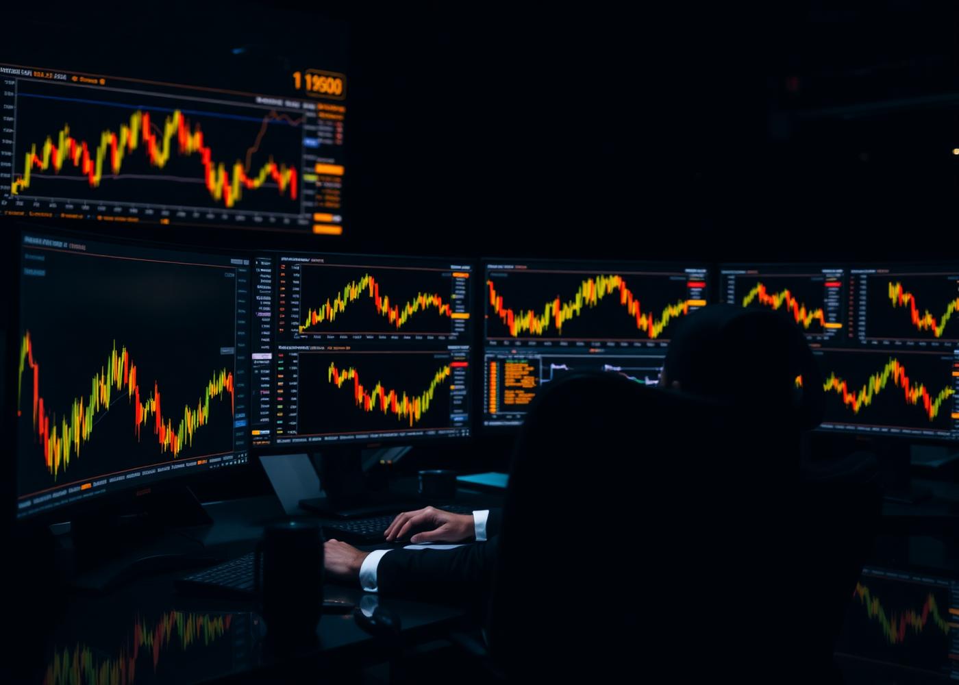 Mentor analysing live charts on a multi-monitor trading desk
